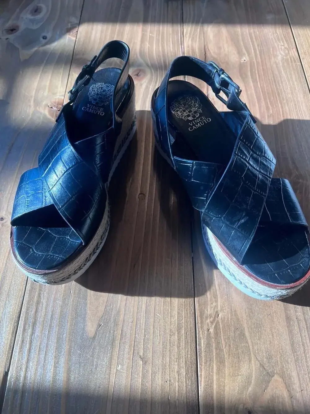 Vince Camuto Marietten Black Croc-Embossed Platform Espadrille Sandals 9.5
